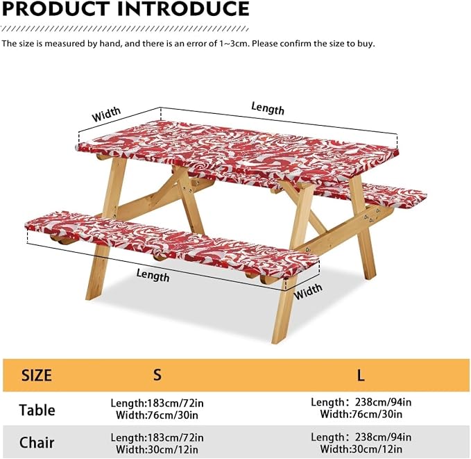 Xmas Elastic Fitted Table Cloth for Camping Party Supplies 3 PCS Set Christmas Swirl Candy Outdoor Picnic Table Cover with Bench Covers