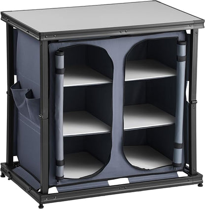VEVOR Folding Camping Storage Cabinet, Outdoor Portable Aluminum Lightweight Table, Quick Set-up Compact Kitchen Cook Station, with 6 Shelves and Carry Bag, for Picnic, BBQ, Camping, RV Traveling