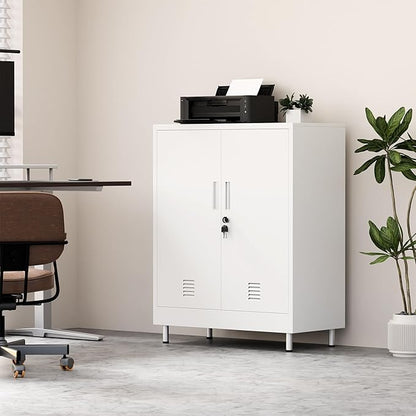 JINGUR Metal Storage Cabinet with Locking Doors and 2 Adjustable Shelves, Lockable Storage Cabinet for Home Office Garage Pantry Living Room (White)