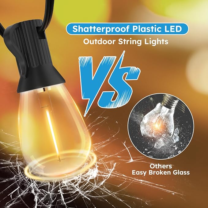 GvvooHome S11 LED Outdoor String Lights 300FT, Shatterproof & Waterproof Patio Lights with 92 Plastic Bulbs for Porch, Deck, Garden, Backyard, Balcony, 2700K Dimmable