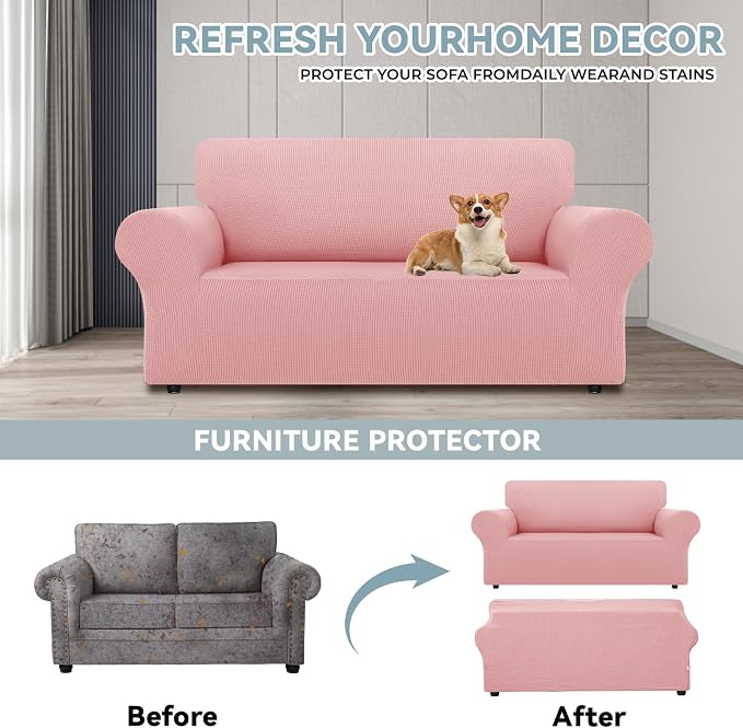 LURKA Stretch Loveseat Couch Cover, 1 Piece 2 Cushion Sofa Slipcover, Pink | Soft Stretch Jacquard, Fits 55"-78" Loveseats, Elastic Bottom for Secure Fit, Machine Washable, Pet & Kid Friendly