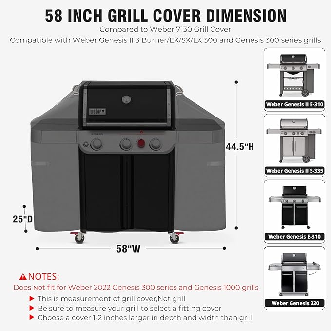 [Upgraded 800D Heavy Duty Fabric] 58" Grill Cover for Weber Genesis II,LX 300 and Genesis 300 Series Outdoor Gas Grill,Waterproof BBQ Cover,Tear & Fade Resistant 7130 Gas Grill Cover for Weber Grill