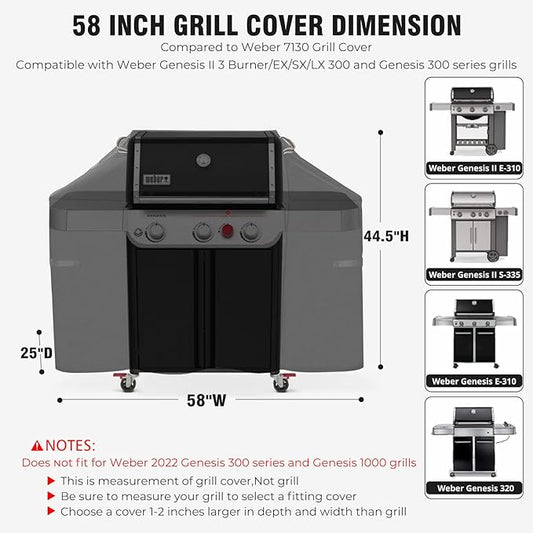 [Upgraded 800D Heavy Duty Fabric] 58" Grill Cover for Weber Genesis II,LX 300 and Genesis 300 Series Outdoor Gas Grill,Waterproof BBQ Cover,Tear & Fade Resistant 7130 Gas Grill Cover for Weber Grill
