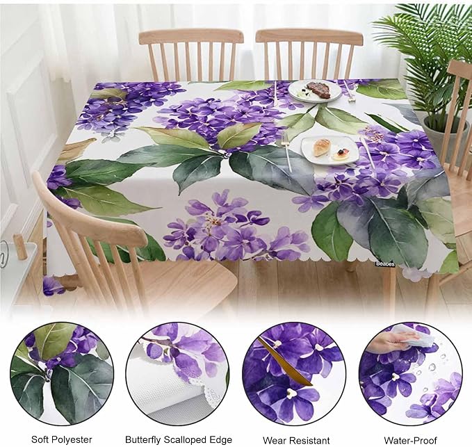 Violet Tablecloth for Rectangle Tables, 52"X70", Watercolor Violet Flowers, Purple, Picnic Table Cover, Indoor/Outdoor, Stain & Wrinkle Resistant