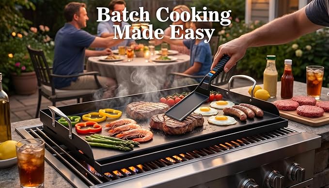 QuliMetal 25" x 16" Cast Iron Grill Griddle Kit, Pre-Seasoned Flat Top Griddle Plate with Scratch-Safe Accessories, Universal Outdoor Griddle for Gas Grill, Charcoal Grill, Camping, BBQ & Tailgating