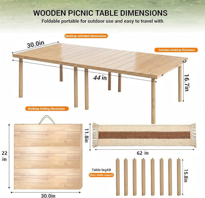 44"x30" Portable Boho Wooden Low Folding Picnic Table for Indoor Outdoor | Comes with Table Runner, Stable 8-leg Support & Thickened Structure, Thick Painted Tabletop Easy to Wipe, Fits 2-4 People