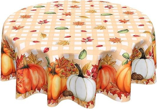 Sweetshow Thanksgiving Autumn Harvest Pumpkin Table Cloth Round Orange Plaid Fall Leaves Tablecloth 70 Inch Decor Washable Stain and Wrinkle Resistant Round Table Cover for Dining Party Picnic