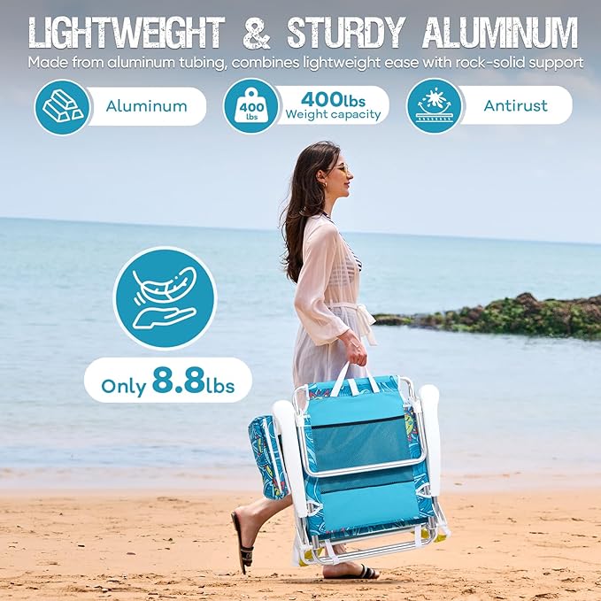 Old Bahama Bay Backpack Beach Chair 2 Pack, Aluminum Lightweight Reclining 5-Position Lounge Chair for Adults Heavy Duty Support 400 LBS Portable Folding with Cooler Bag Camping Chair for Sand Outdoor