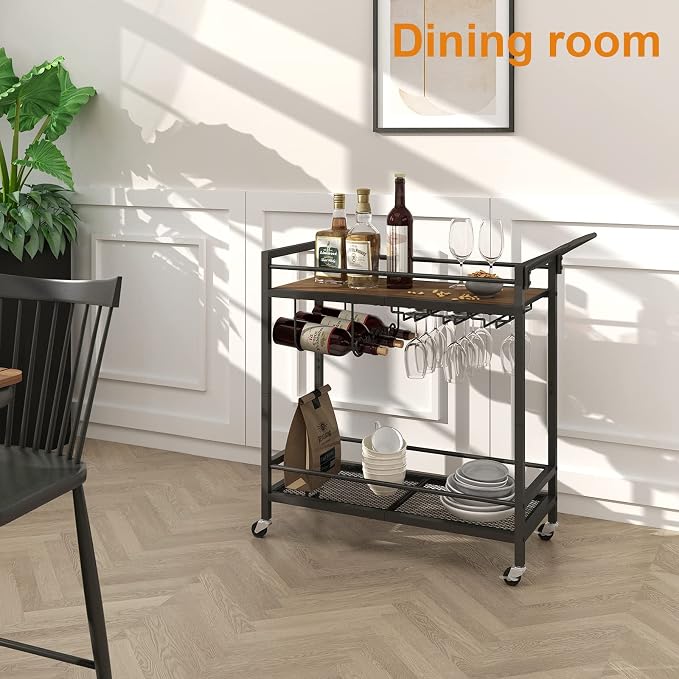 LAATOOREE Bar Cart, Two-Color Home Bar Serving Cart, Mobile Drink Beverage Cart with 2 Storage Shelves, Rolling Kitchen Cart with Wine and Glass Holder, for Dinning Room, Living Room, Kitchen