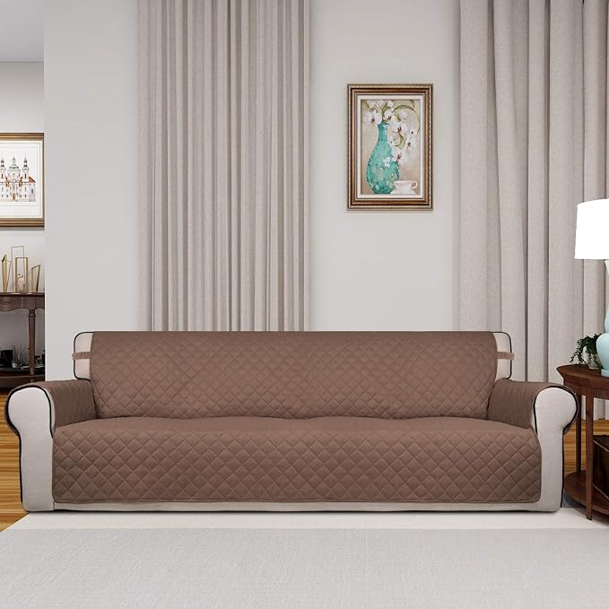 PureFit Reversible Quilted Couch Covers for Dogs Sofa Cover 4 Seater 88" | Brown/Beige, Water Resistant Couch Protector, Washable Pet Couch Cover with Non Slip and Elastic Straps For Kids