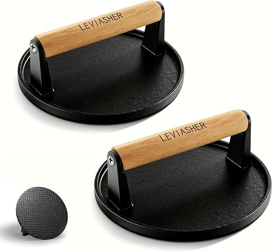2 Pack 2.3lb Steak Weight & Burger Press, Grid Base, 7" Heavy Duty Cast Iron Grill Press with Wood Handle for Blackstone, Chef, Camp, Panini, Vegetable, Bacon, Sandwich, BBQ
