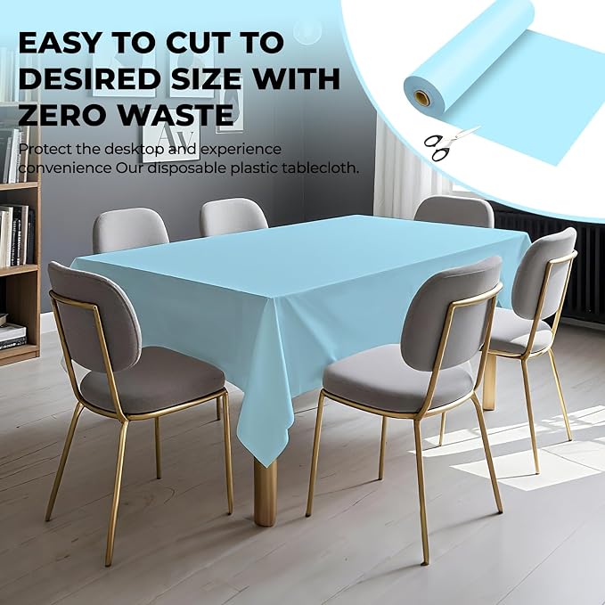 54 Inch X 100 Feet Plastic Table Cover Roll Premium Disposable Plastic Tablecloth for All Type/Shape Tables | Picnic, Party, Banquet, Birthdays, Weddings (Light Blue, 54 Inch X 100 Feet)