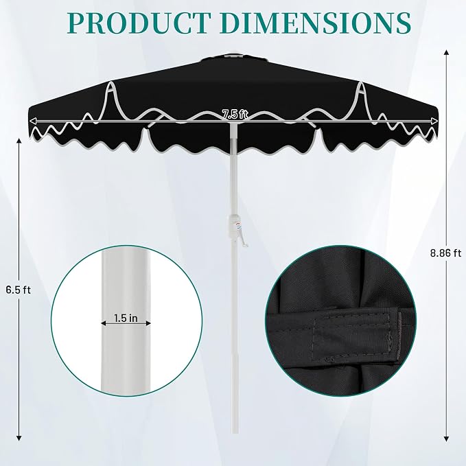 AreShark 7.5FT Outdoor Patio Umbrella with Wavy Trim (Black) | Market Table Umbrellas w/ 6 Sturdy Ribs, Crank & Tilt, White Pole, Pool Umbrella with UV-Fade Resistant Fabric, Heavy Frame