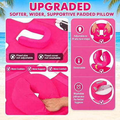 Wheel-To-Go Tanning Chair with Wheels Sun Canopy Umbrella Face Hole Thicker Washable Adjustable, Heavy Duty Folding Sun Lounge Chair Beach Outside Sunbathing Reading, UPF 50+, Pink (Patent Design)
