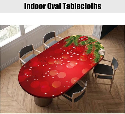 Christmas Tree Fitted Table Cover, Red Ball and Snowflakes Pattern Print Oval Tablecloths, Polyester Elastic Cloths for Family Banquet Patio Use, 48x68 Inch Tables