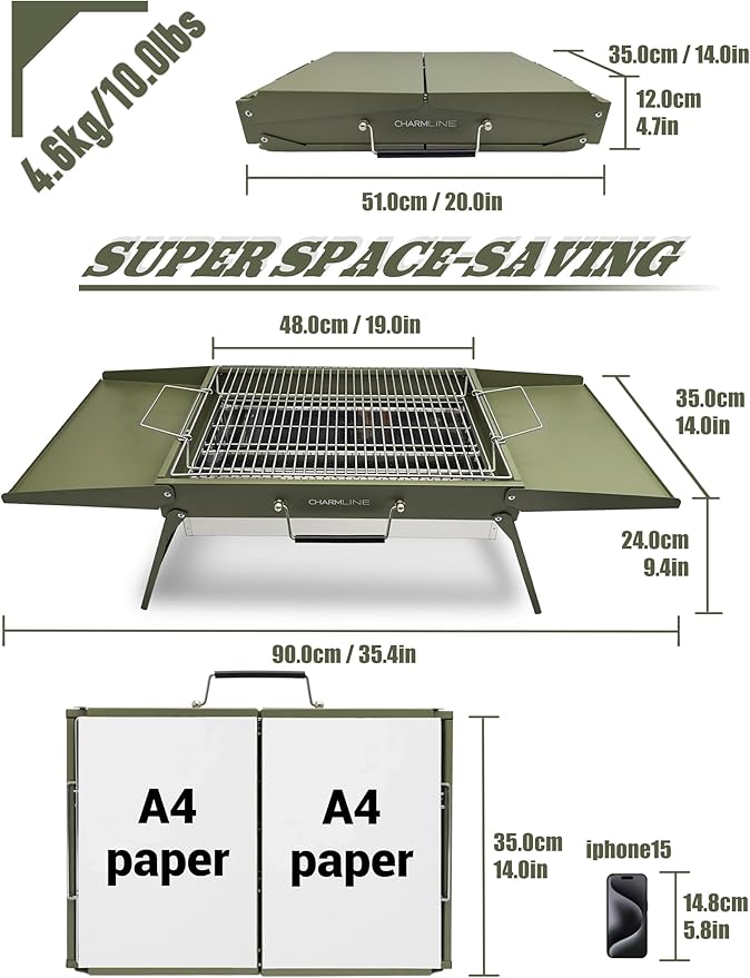 Charmline 20x14inch Big Foldable Portable Charcoal Grill, Charcoal Grills for Camping, Picnics, Gardens and Beach Parties, Green, With 44x24in Fireproof Mat