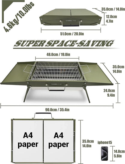 Charmline 20x14inch Big Foldable Portable Charcoal Grill, Charcoal Grills for Camping, Picnics, Gardens and Beach Parties, Green, With 44x24in Fireproof Mat