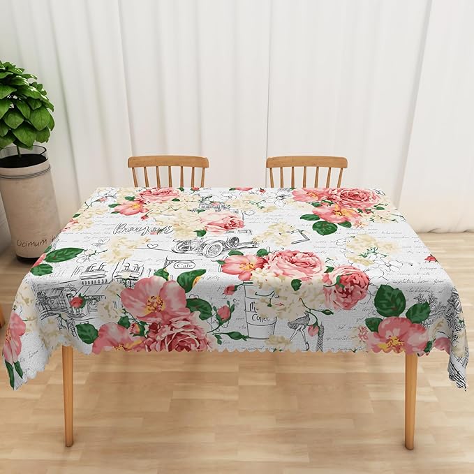 Modern Flowers Rectangular Tablecloth 52x70 Inch Vintage Style French Flower Seasonal Wrinkle Free Polyester Wedding Birthday Oblong Table Cover for Dining Table Farmhouse Kitchen