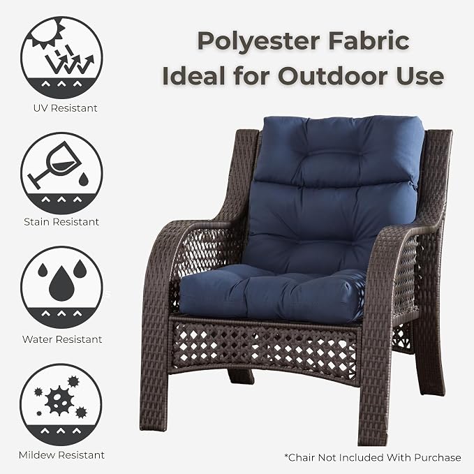 Outdoor Tufted High-Back Chair Cushions, One-Piece Hinged Seat and Back Design, Reversible with 4 Ties, Durable Polyester Fabric, Recycled Fiber Fill - Set of 2, Navy