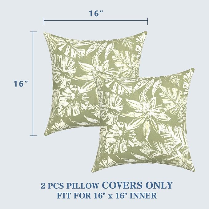 LVTXIII 2 Pack Outdoor Throw Pillow Covers for Patio Furniture, 16x16 Inch Square Pillow Case, Water-Repellent Cushion Covers for Garden, Porch, Sofa, Tropical Leaf Green