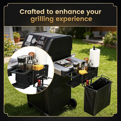 QuliMetal Weber Works Grill Rail Organizer, 5-in-1 BBQ Storage Basket with Paper Towel Bar, Bag Holder, Cup Tray & Tool Hooks, Side Rail Caddy for Weber Slate, Spirit, Genesis, Performer
