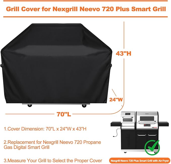 Grill Cover for Nexgrill Neevo 720 Plus Smart Grill with Air Fryer,70" L x 24" W x 43" H-Black 600D Heavy Duty Waterpoorf UV Outdoor Fade Resistant BBQ Grill Cover for Tytus Fresno Island Grill