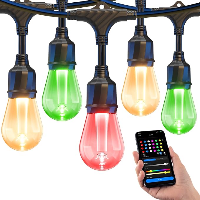 XMCOSY+ Smart Outdoor String Lights 123FT, LED Patio Light with App Control | DIY Color Changing, RGBCW Dimmable White, Segment Control, Alexa Voice Control, Shatterproof IP65 Waterproof Outside Lights