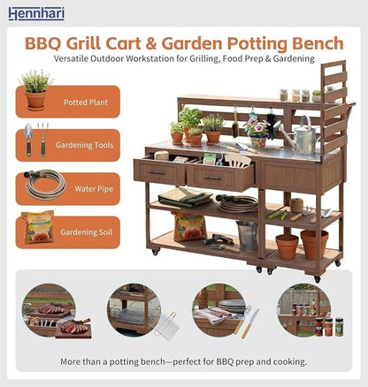 62.3'' Outdoor Kitchen Island with Stainless Steel Top and Raised Shelf, Potting Bench with Drawers and Wheels, Grill Prep Table for BBQ, Patio, Party (Brown)