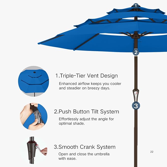Kingdura 9ft 3-Tier Patio Umbrella, Outdoor Table Umbrella with Easy Crank & Tilt, 8 Reinforced Ribs, UV Protection for Deck, Pool, Market, Backyard (Royal blue)