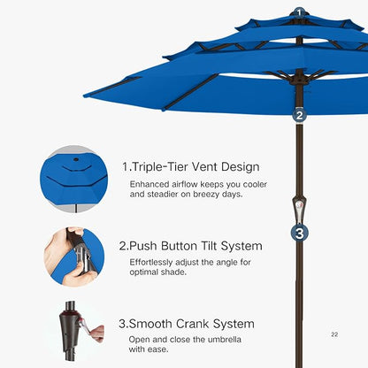 Kingdura 9ft 3-Tier Patio Umbrella, Outdoor Table Umbrella with Easy Crank & Tilt, 8 Reinforced Ribs, UV Protection for Deck, Pool, Market, Backyard (Royal blue)
