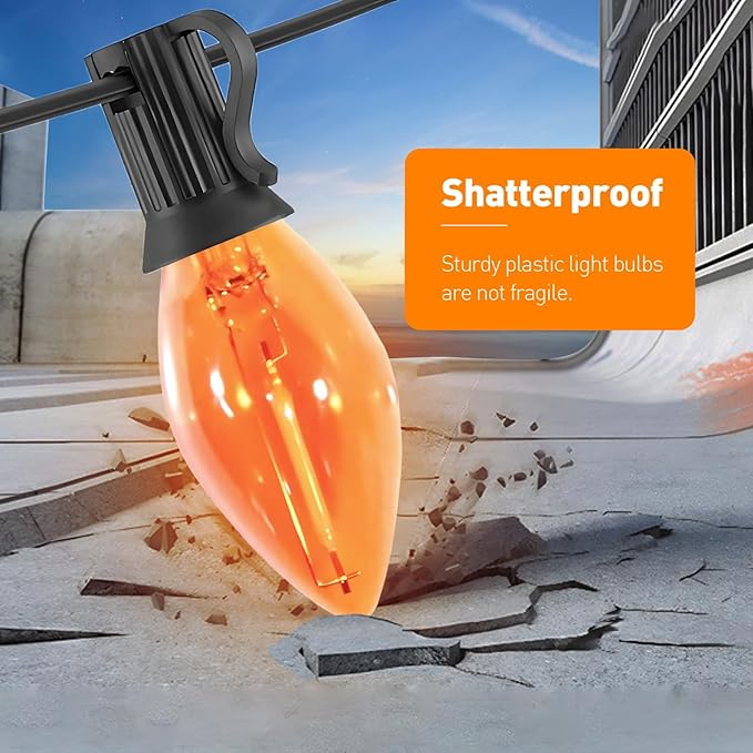 C7 Christmas Lights, Led Clear Orange Halloween Outdoor String Lights, 25FT Commercial Grade Patio Light with 27 C7 Bulbs, Hanging Lights for Indoor Outside Porch Xmas Tree Thanksgiving Décor