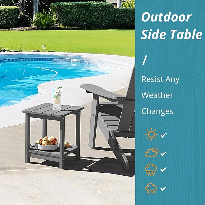 LUE BONA Outdoor Side Table, 2-Tier HDPS Small Patio Table, Dark Grey | 2-Tier Shelf for Extra Storage, Small End Table for Pool, Porch, Balcony, Weather Resistant HDPS, Easy Clean