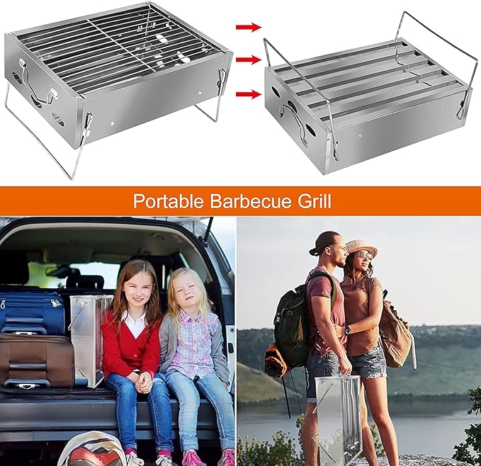 Small Charcoal Barbecue Grill, Stainless Steel Portable Folding BBQ Grill with Net Tongs, Desk Tabletop Smoker BBQ, for 2-5 People, 36 x 26 x 17 cm for Home Outdoor Picnic