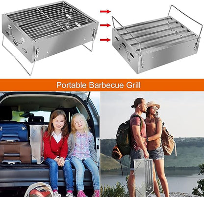 Small Charcoal Barbecue Grill, Stainless Steel Portable Folding BBQ Grill with Net Tongs, Desk Tabletop Smoker BBQ, for 2-5 People, 36 x 26 x 17 cm for Home Outdoor Picnic