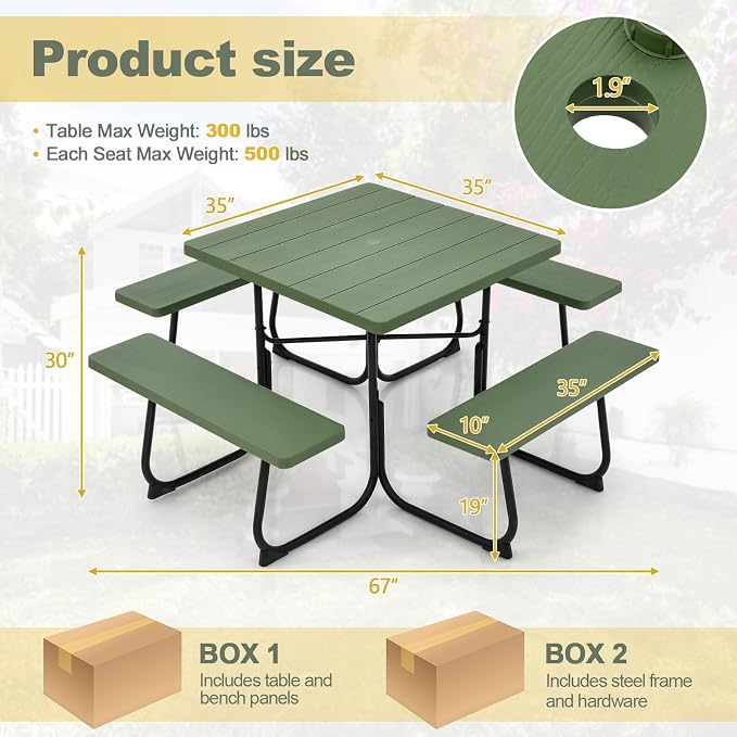 Tangkula 8 Person Picnic Table, Outdoor Square Picnic Table with 4 Built-in Benches, Umbrella Hole, Metal Frame & HDPE Tabletop, Outside Table and Bench Set for Backyard, 2300lbs Weight Capacity