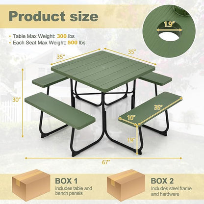 Tangkula 8 Person Picnic Table, Outdoor Square Picnic Table with 4 Built-in Benches, Umbrella Hole, Metal Frame & HDPE Tabletop, Outside Table and Bench Set for Backyard, 2300lbs Weight Capacity