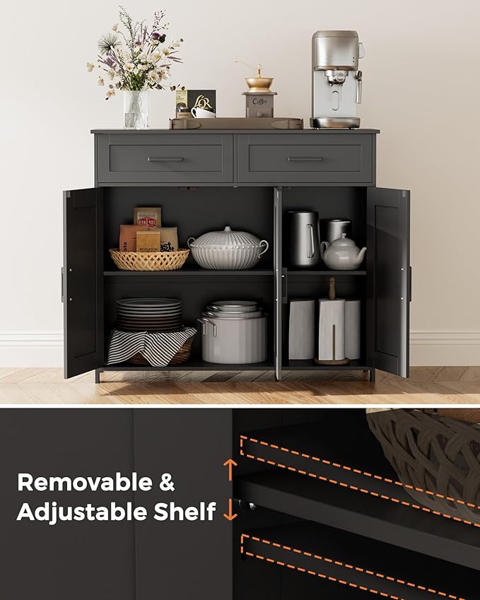 Homhedy Coffee Bar Storage Cabinet with Drawers, Kitchen Buffet Cabinet | Sideboard Cabinet with Doors, Farmhouse Buffet Cabinet, Adjustable Shelves, for Kitchen / Dining / Living Room, Black