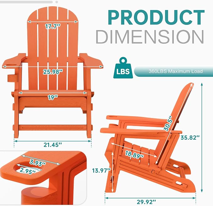 Shintenchi Adirondack Chairs Set of 2,HDPE Adirondack Chairs w/Removable Tablelop & Umbrella Hole,All-Weather Wooden Textured Plastic Outdoor Chairs w/Cup Holders for Garden Backyard Pool,Orange