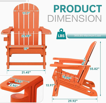 Shintenchi Adirondack Chairs Set of 2,HDPE Adirondack Chairs w/Removable Tablelop & Umbrella Hole,All-Weather Wooden Textured Plastic Outdoor Chairs w/Cup Holders for Garden Backyard Pool,Orange