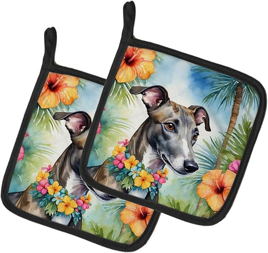 Caroline's Treasures Greyhound Luau Pair of Pot Holders Kitchen Heat Resistant Pot Holders Sets Oven Hot Pads for Cooking Baking BBQ, 7 1/2 x 7 1/2