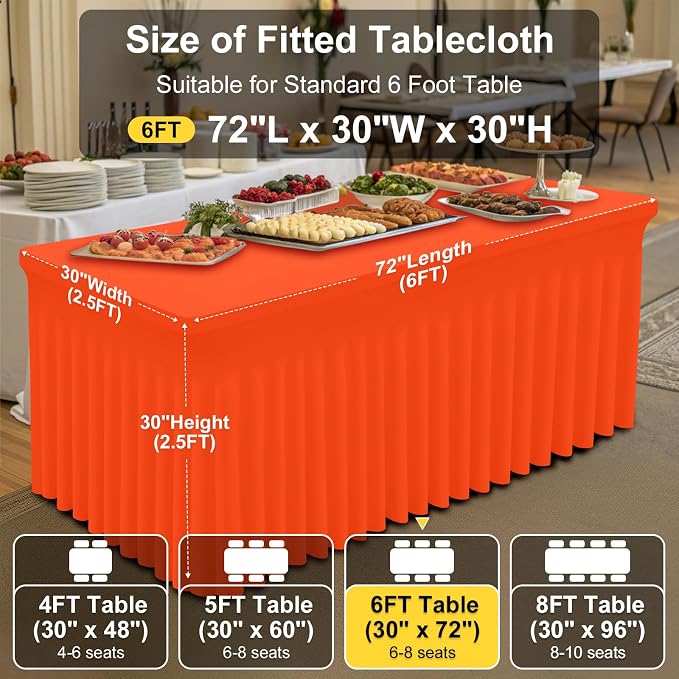 Smiry 2 Pack Spandex Elastic Fitted Table Cloth Skirt for 6FT Table | Stretch Washable Table Cloth, Banquet Table Cover for Wedding, Party, Indoor & Trade Shows, (Orange, 72Lx30Wx30H)