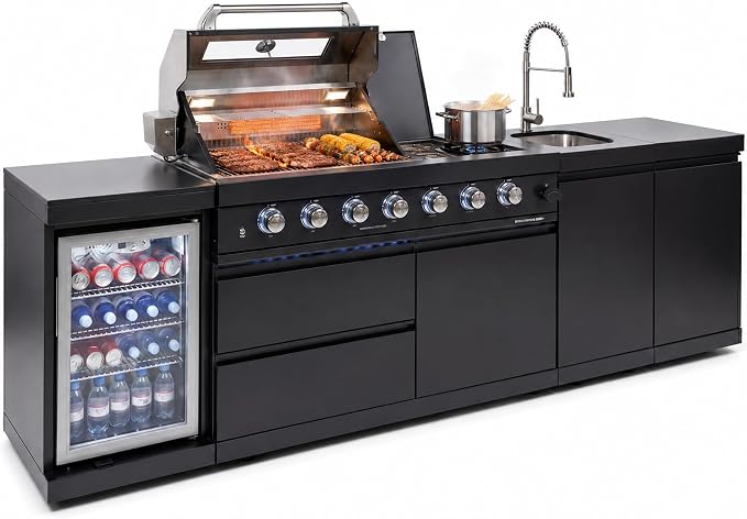 Outdoor Kitchen Island Barbecue Grill with Refrigerator & Rotisserie, Heavy-Duty Stainless Steel Freestanding Grills Station, Weather-Resistant Cooking Cabinet for Backyard & Summer Propane Gas