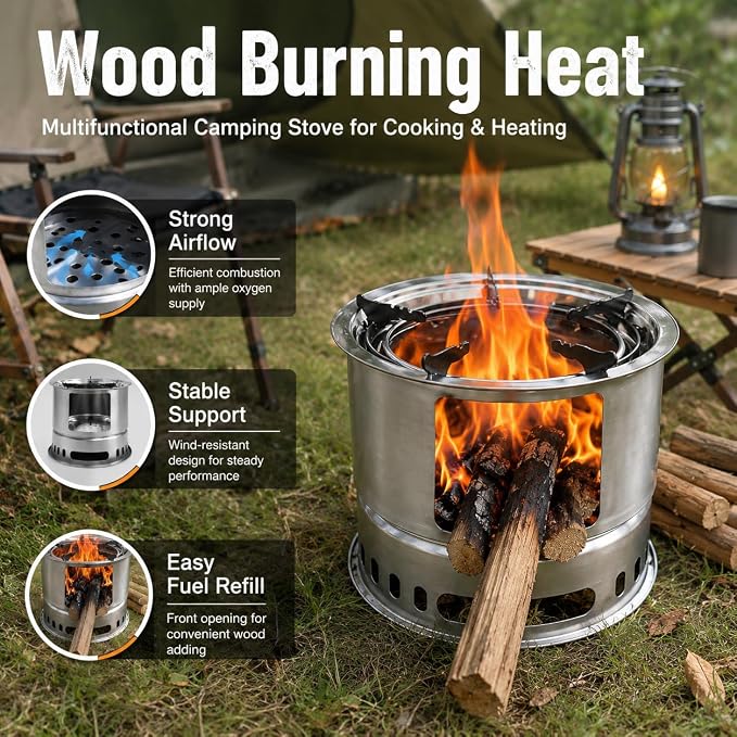 4-in-1 Wood Burning Camping Stove with Grill Pan, Skewer Rack and BBQ Plate | 4-in-1 outdoor cooking set; wood burning stove; grill pan; skewer rack; BBQ plate; camping, picnic, backyard BBQ