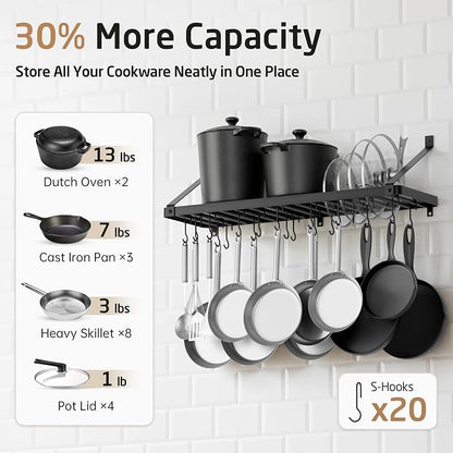 KES 75 lb High-Capacity Pot Rack Wall Mounted with Pot Lid Holder 34 Inch | Heavy Duty Pots and Pans Hanging Rack with 3X Thick One-Piece Frame & 20 Hooks, Drilling Template Provided, Matte Black