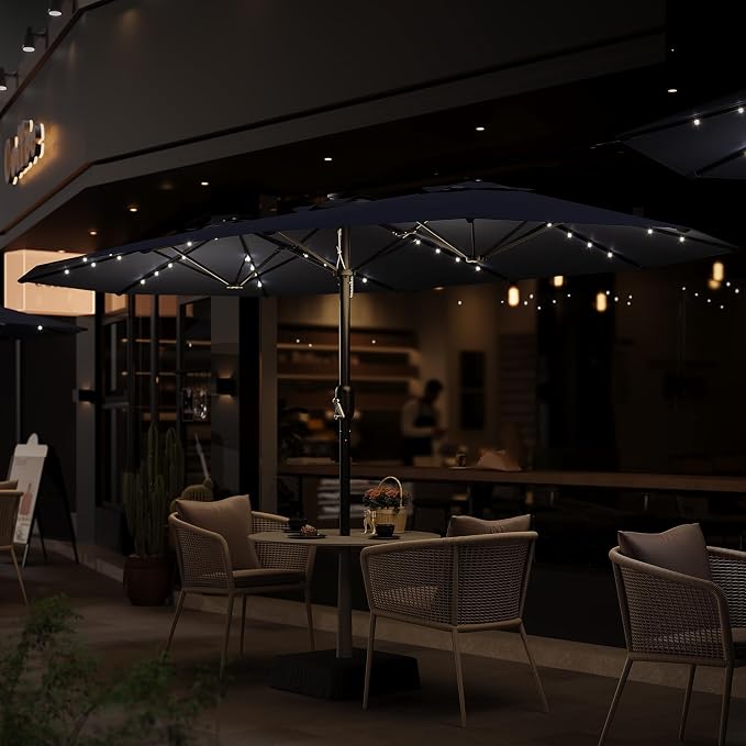 Garvee 15FT Patio Umbrella with Solar Lights & Base Included, Navy Blue | Rectangular Large Patio Umbrella with Crank Handle 48 LED Lights, UV Protection for Outdoor Market, Backyard, Deck, Poolside