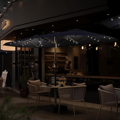 Garvee 15FT Patio Umbrella with Solar Lights & Base Included, Navy Blue | Rectangular Large Patio Umbrella with Crank Handle 48 LED Lights, UV Protection for Outdoor Market, Backyard, Deck, Poolside