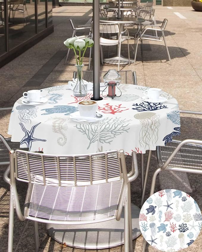 Blue Red Coastal Outdoor Tablecloth - 60 Inch Round Waterproof Dining Table Cover, Nautical Summer Beach Coral Sea Turtle Outdoor Table Cloth with Umbrella Hole & Zipper for Picnic/Patio