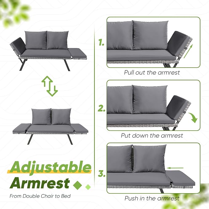 Greesum Outdoor Sofa, Woven Rattan Patio Furniture, Convertible Daybed or Double Chair with Adjustable Armrests, Cushions and Pillows for Yard, Porch, Pool, Gray Lounger & Blue Pillowcase