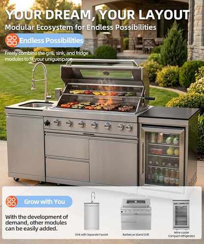 Outdoor Kitchen Island Barbecue Grill with Refrigerator & Rotisserie, Heavy-Duty Stainless Steel Freestanding Grills Station, Weather-Resistant Cooking Cabinet for Backyard & Summer Propane Gas