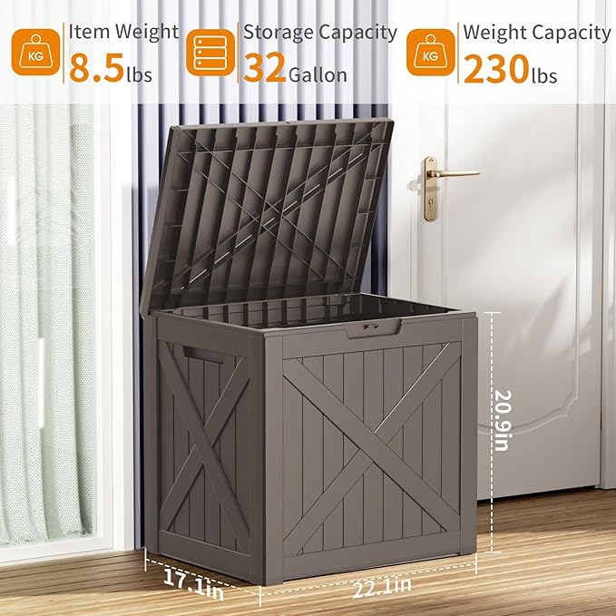 Vixzen 32 Gallon Outdoor Deck Box, Lockable Waterproof Storage Box, UV Resistant, Weather Resistance, Resin Outside Storage Bin for Gardening Tools, Pool Supplies (Grey, 32 Gallon)